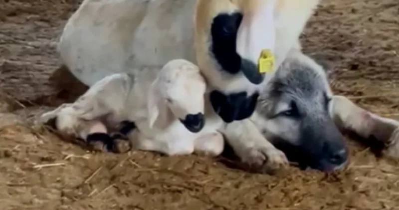 Koyun ve kuzu ile arkadaş olan kangal görenleri gülümsetti