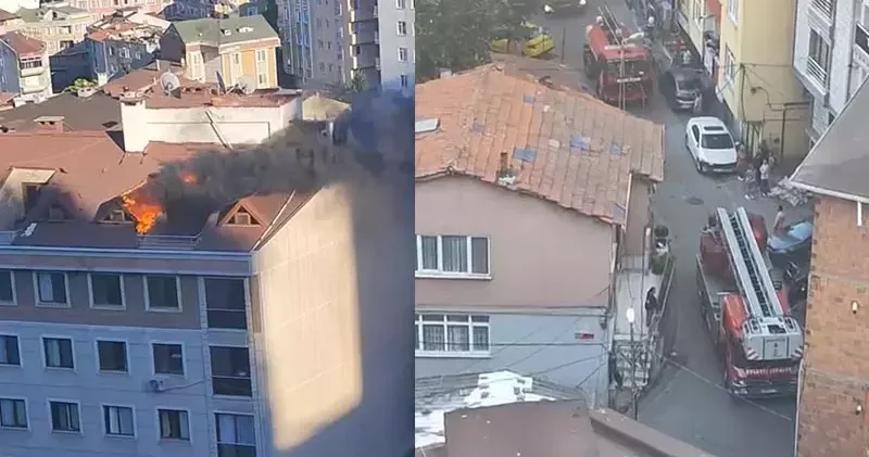 Kağıthane de çatı yangınını söndüren itfaiyeye polis de yardım etti