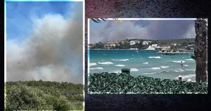 İzmir Çeşme de yangın! Plajdan seyrettiler... 3 mahalle tahliye edildi