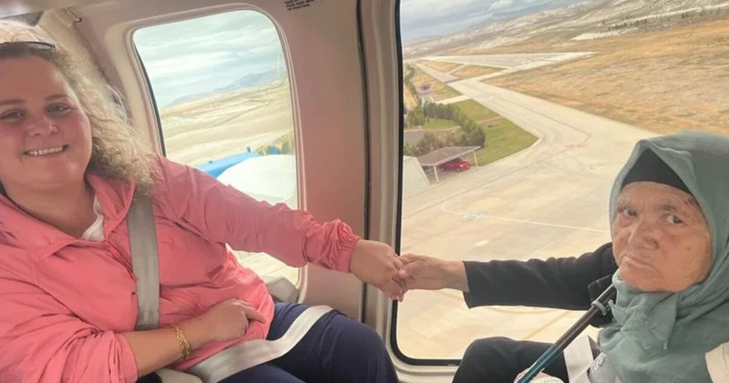 Bastonuyla bindiği helikopterde 82 yaşında uçuş keyfi yaşadı