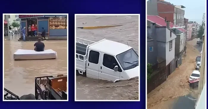Trabzon da göle dönen sokakta ilginç görüntü: Arabaya biner gibi yatağa bindi! Araçlar mahsur kaldı, evleri su bastı