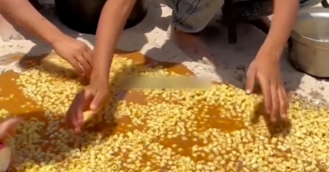 Gazzeli çocuklar dökülen yemeği elleriyle topladı VİDEO İZLE