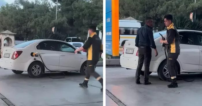 Büyük ihmal faciaya yol açıyordu! Benzin pompasını aracın üzerinde unuttu, yakıt hortumu koptu