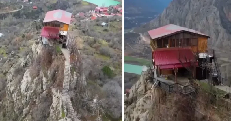 Kayalığa yapılan ev görenleri şaşırtıyor; 96 basamakla çıkılıyor