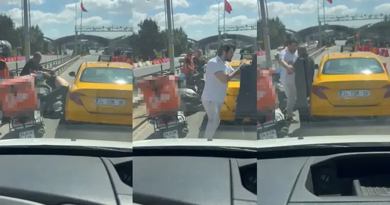 Pendik te taksiciyle motokurye arasında yol verme kavgası kamerada