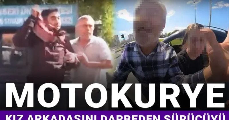 Trafikte korkunç anlar! Motokurye kız arkadaşını darbeden sürücüyü defalarca yumrukladı
