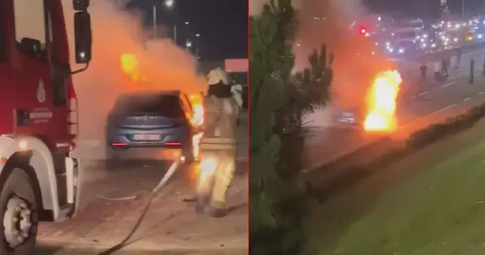 Kağıthane de kaza yapan otomobil alev alev yandı! Araçta patlamalar oldu: Sürücü yaralandı