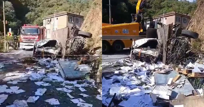 Sarıyer de savrulan kamyon alt yola düştü: 2 yaralı