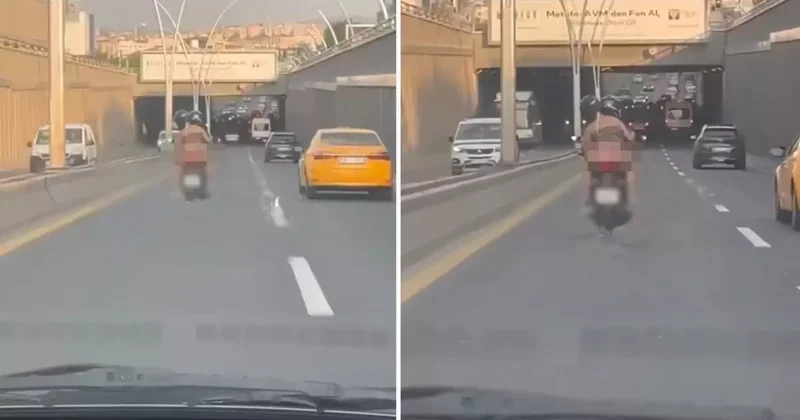 Motosikletin arkasında, iç çamaşırıyla seyahat etti