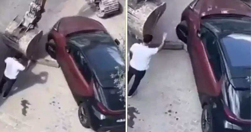 İş makinesi ile araç çekmeye kalktılar, ellerine yüzlerine bulaştırdılar