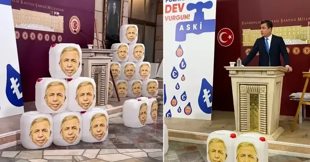 Mansur Yavaş ın fotoğrafının olduğu boş bidonlar Meclis te Gündem Haberleri