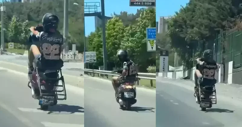 Ümraniye’de motosikletlinin tek teker üzerinde tehlikeli yolculuğu kamerada
