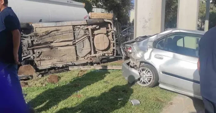 Otomobille çarpışan araç takla atarak durabildi