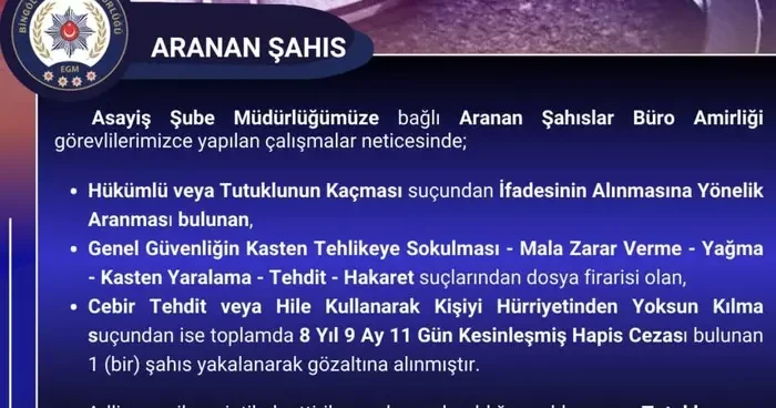 Bingöl’de 8 yıl kesinleşmiş hapis cezası bulunan zanlı yakalandı