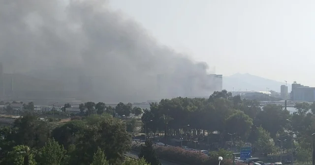 İzmir de atıl haldeki fabrikanın bahçesi ile yakınındaki TIR garajında yangın İzmir Haberleri