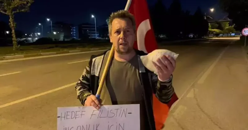 Eskişehir den yola çıktı, Filistin e yürüyor: Elinde bir paket un ve Türk bayrağı var!