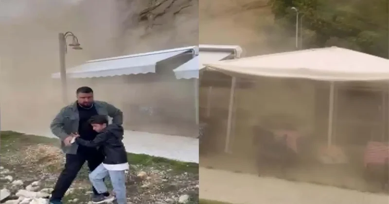 İstanbul da feci olay! Çay bahçesine kaya parçaları düştü