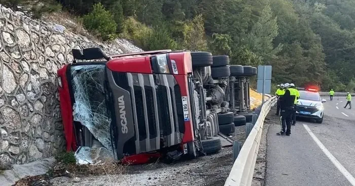 Kontrolden çıkan yem yüklü tır devrildi