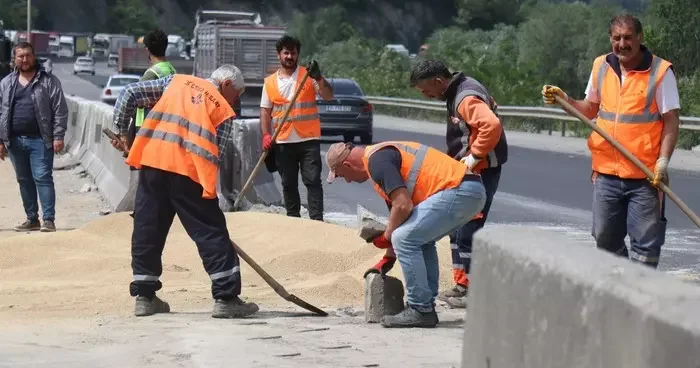 25 ton tavuk yemi D 650 ye savrulmuştu: Kapalı olan yol 2 saat sonra ulaşıma açıldı
