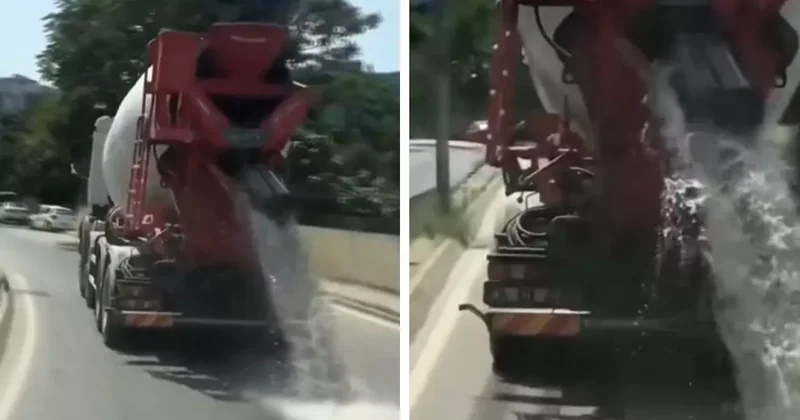 İstanbul da hafriyat kamyonu betonlu suyu yola döktü