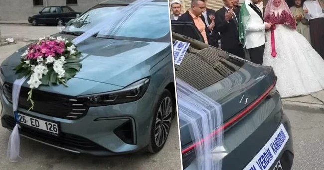 Togg T10F modelini süsleyerek gelin almaya gitti! Vatandaşların ilgi odağı oldu