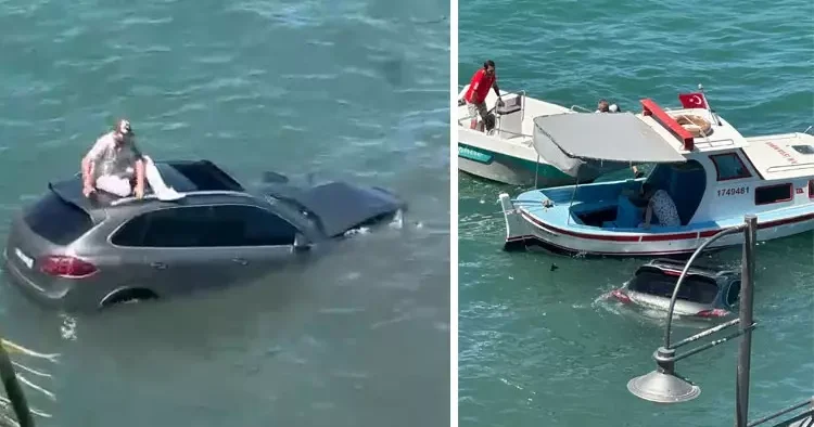 Ayvalık ta otomobil denize uçtu: Sürücüsü üzerinde dakikalarca kurtarılmayı bekledi