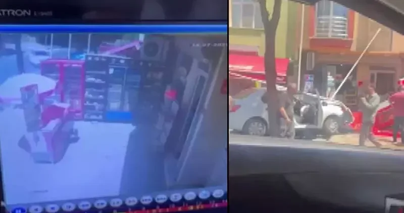 Sancaktepe de otomobil bakkalın önündeki içecek dolabına çarptı; kaza kamerada