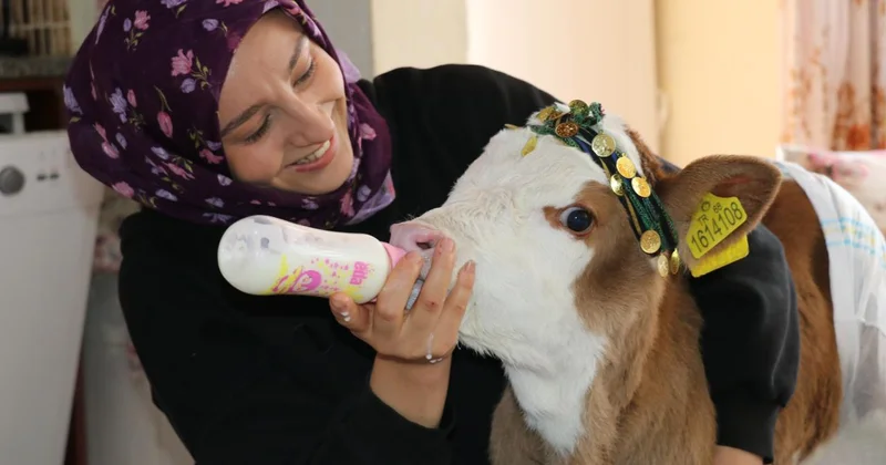 Nisan adını verdiği buzağıya gözü gibi bakıyor