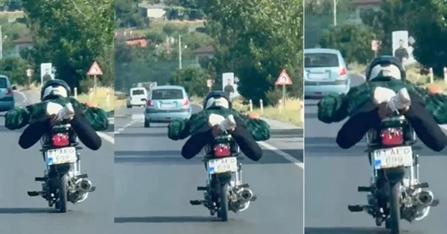 D 650 karayolunda motosikletini üzerine yatarak sürdü, o anlar kamerada Sakarya Haberleri