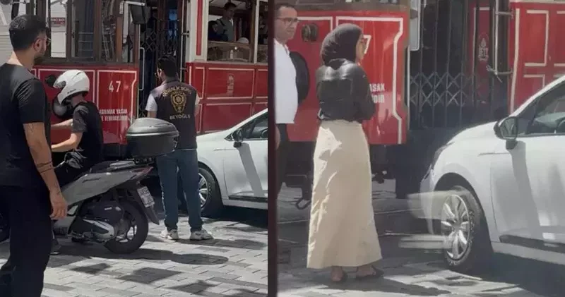 İstiklal Caddesi nde sürücüsünün kontrolünden çıkan otomobil tramvaya çarptı