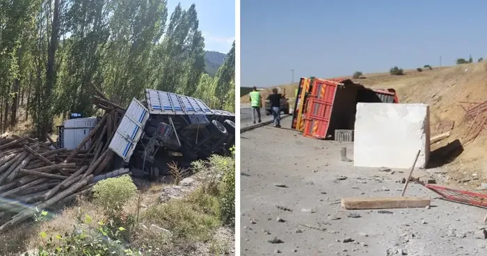 Konya’da mermer blok ve tomruk taşıyan tırlar devrildi: 2 yaralı