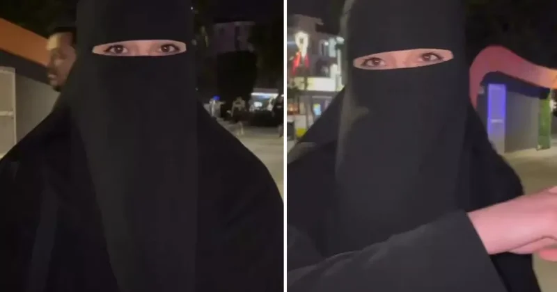 Yanı başındaki iki farklı görüntüyü gösteren çarşaflı kadın, isyan etti