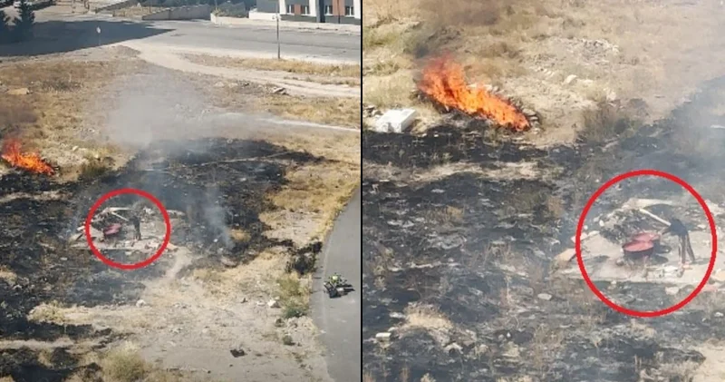 Salça yaparken ortalığı yaktı: Aldırış etmeden karıştırmaya devam etti