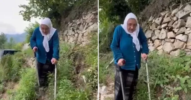 Rize de koltuk değnekleri kullanan yaşlı kadın patika yoldan zorla çıkıyor: Yol yapılması için yardım istedi Rize Haberleri