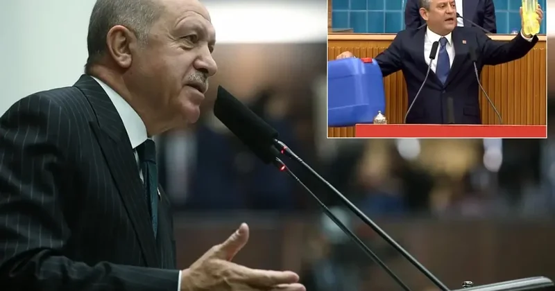 Cumhurbaşkanı Erdoğan, CHP lideri Özel in kürsüye mazot şişesiyle çıkmasına kayıtsız kalamadı
