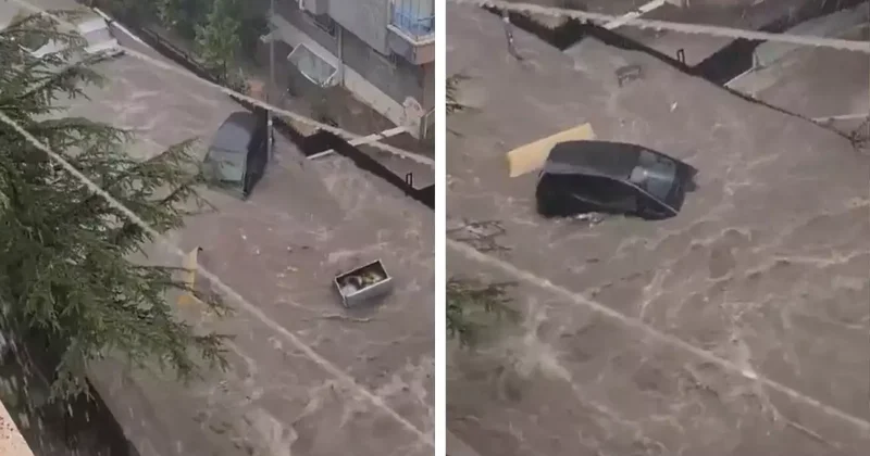 Ankara da yağış kabusu! Sular bir aracı böyle sürükledi