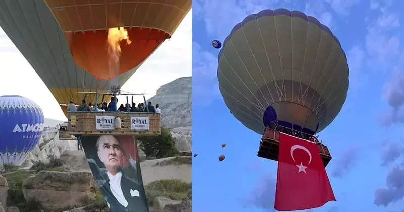 Kapadokya da balonlar, 19 Mayıs ta Türk bayrakları ve Atatürk posterleriyle havalandı