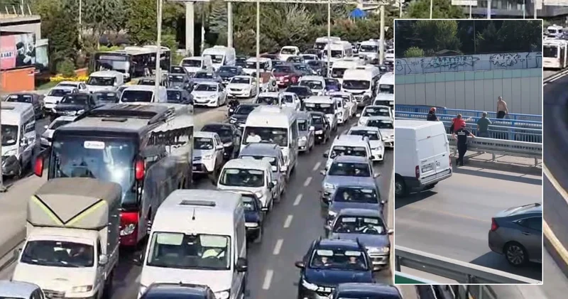 İstanbul da trafiği kilitleyen intihar girişimi! Kilometrelerce araç kuyruğu oluştu