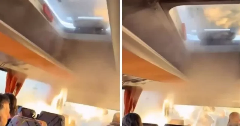 Dumanların yükseldiği otobüste oturmaya devam ettiler! Şaşkınlık yaratan anlar kameralarda