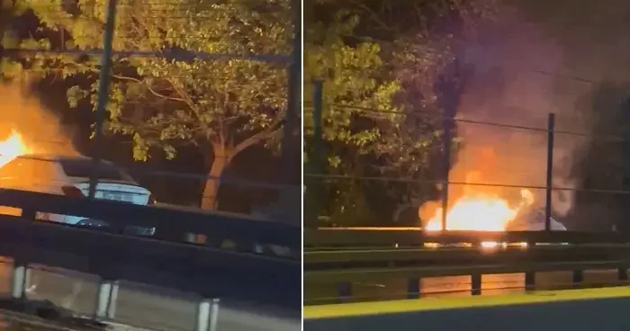 Mecidiyeköy de otomobil alev alev yandı; D 100 karayolu trafiğe kapatıldı
