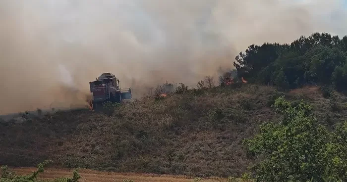Bursa da çıkan orman yangını kontrol altına alındı! Biçerdöver alevlerin arasında kaldı