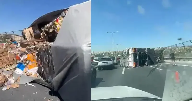 Başakşehir TEM de kamyon devrildi, trafik yoğunluğu oluştu