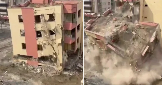 İş makinesinin dokunuşuyla 4 katlı bina yerle bir oldu Hatay Haberleri