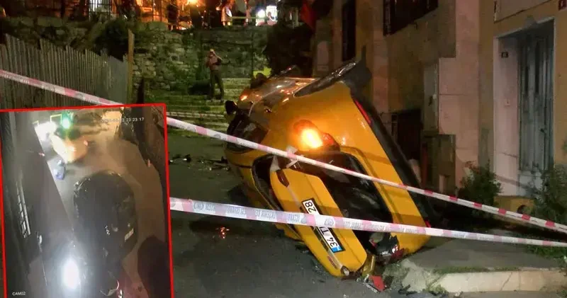 Şişli de taksi, 10 metreden çıkmaz sokağa uçtu; o anlar kamerada
