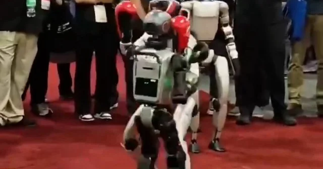 Çin deki teknoloji fuarında kaydedilen görüntüler ilgi odağı oldu: İki robot birbiriyle dövüştürüldü VİDEO İZLE