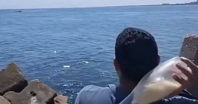 Mısırlı bir adam Gazze ye ulaşmasını umduğu yiyecek dolu şişeleri denize fırlattı VİDEO İZLE