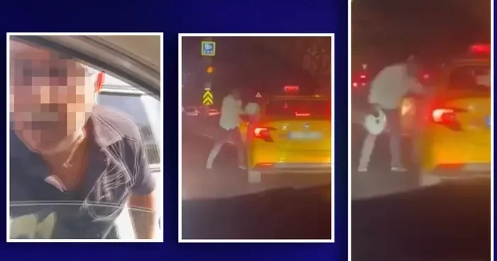 Biri otomobili yumrukladı, diğeri kaskla taksinin camını kırmaya çalıştı! İstanbul trafiğinde Yol verme kavgaları kamerada...