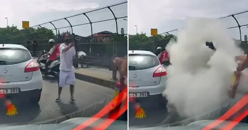 Trafikte ilginç anlar! Bıçağı görünce yangın tüpünü sıkmaya başladı