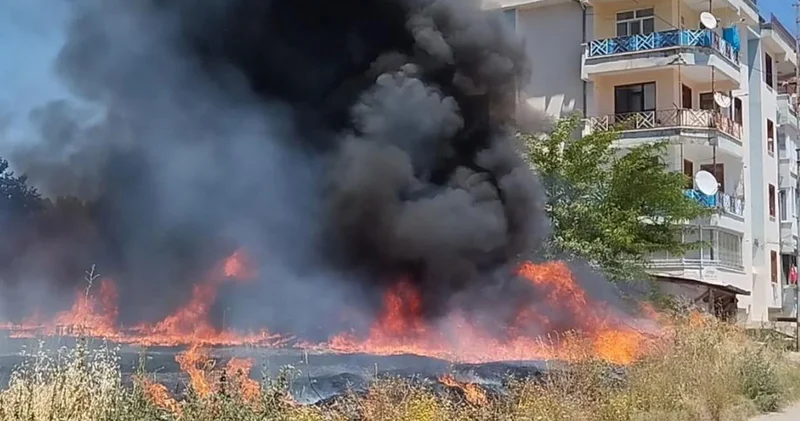 Arazide çıkan yangın evlere sıçramadan söndürüldü