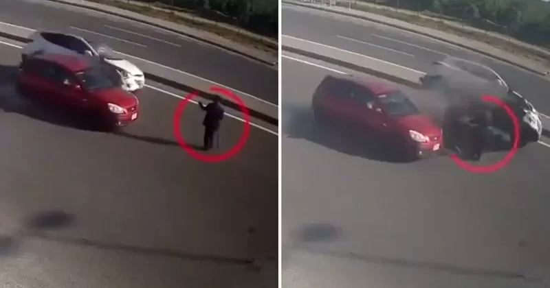 Aniden yola çıkan yaya, trafiği birbirine kattı